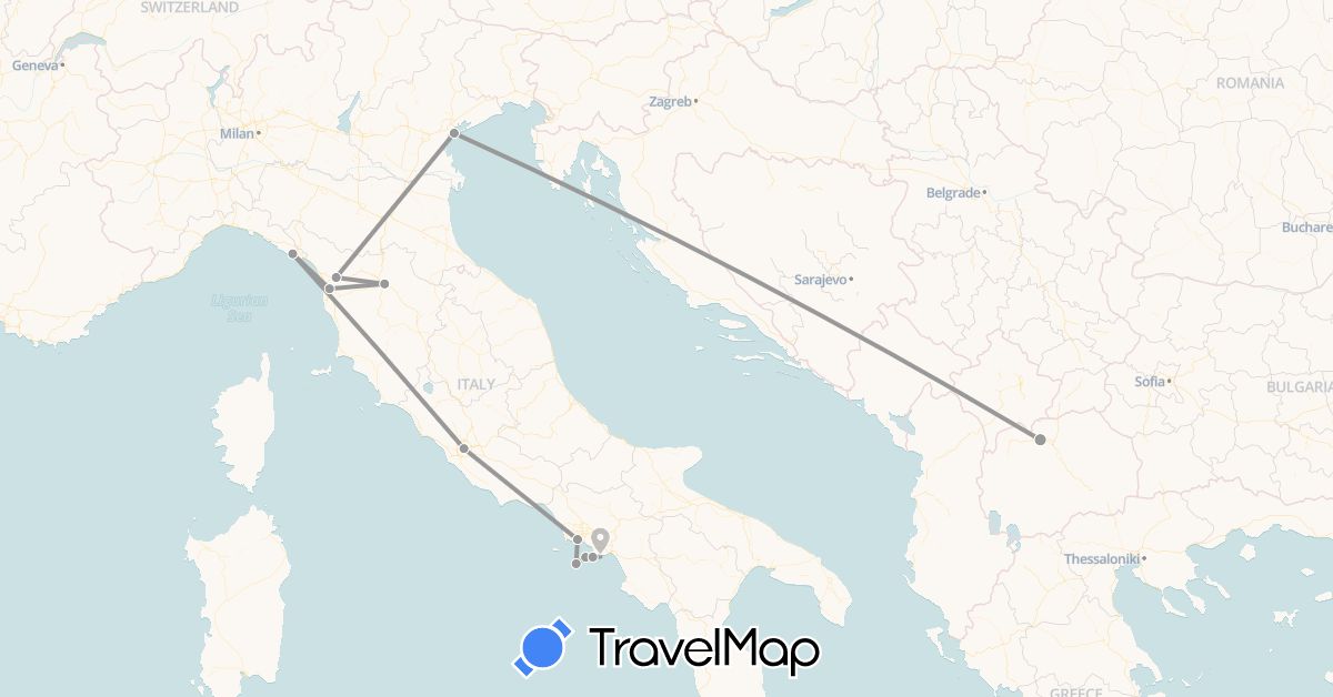 TravelMap itinerary: driving, plane in Italy, Macedonia (Europe)